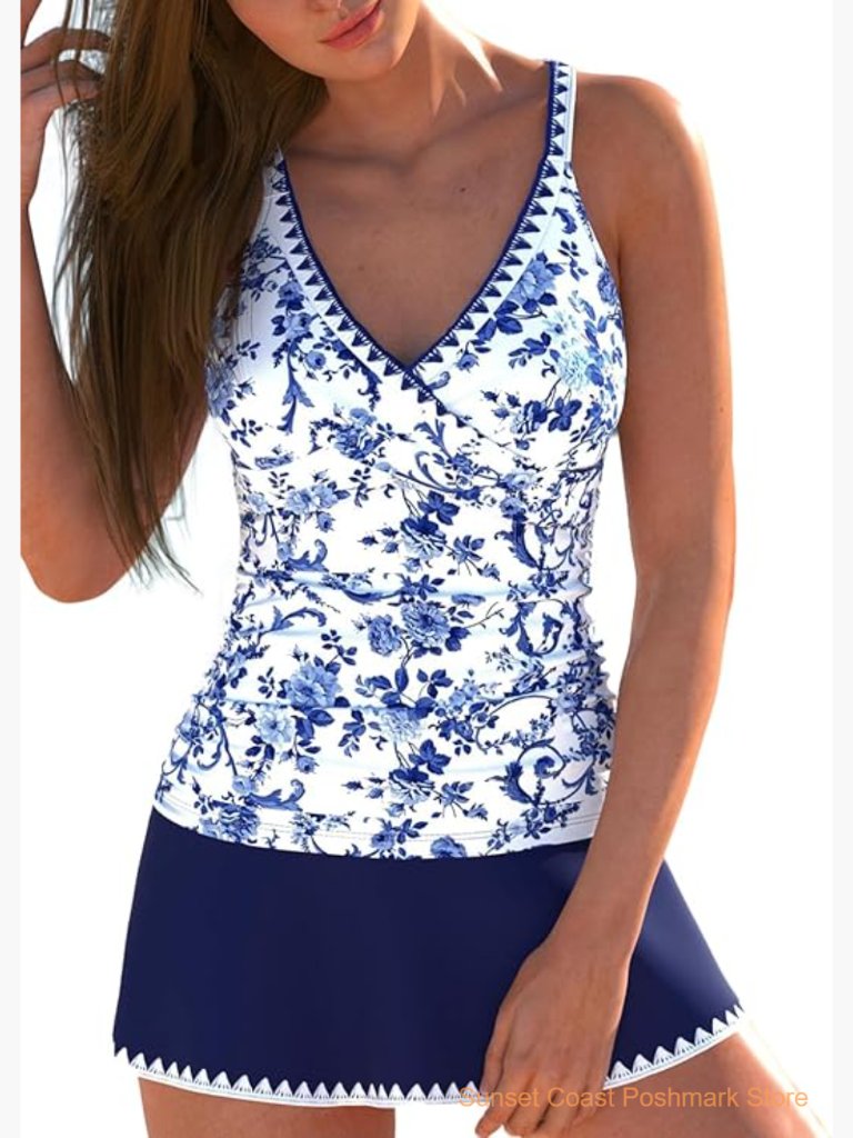 Tummy Control Tankini Swimdress With Skirt V-Neck Two Piece